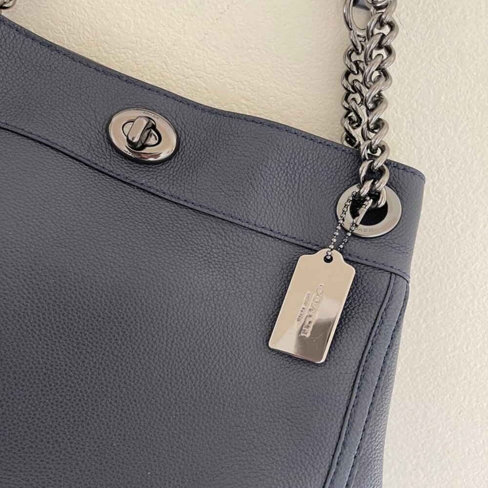 COACH Navy Blue Leather Satchel with Silver Chain Hardware: New with Dust Bag! - Picture 9 of 11